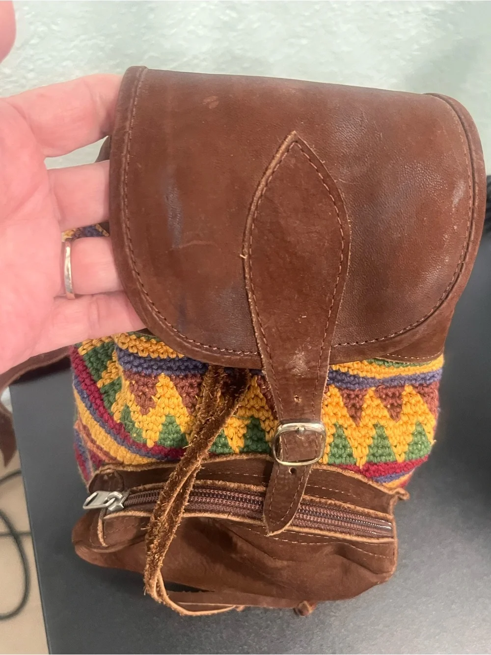 Handcrafted Multicolor Knit & Brown Suede and Leather Women's Small Backpack